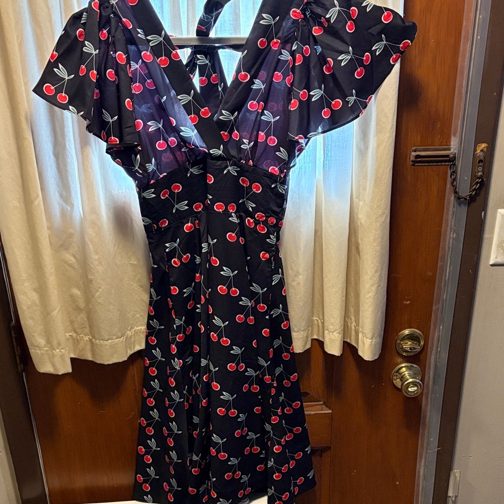Unique Vintage Black Dress with Cherry Print